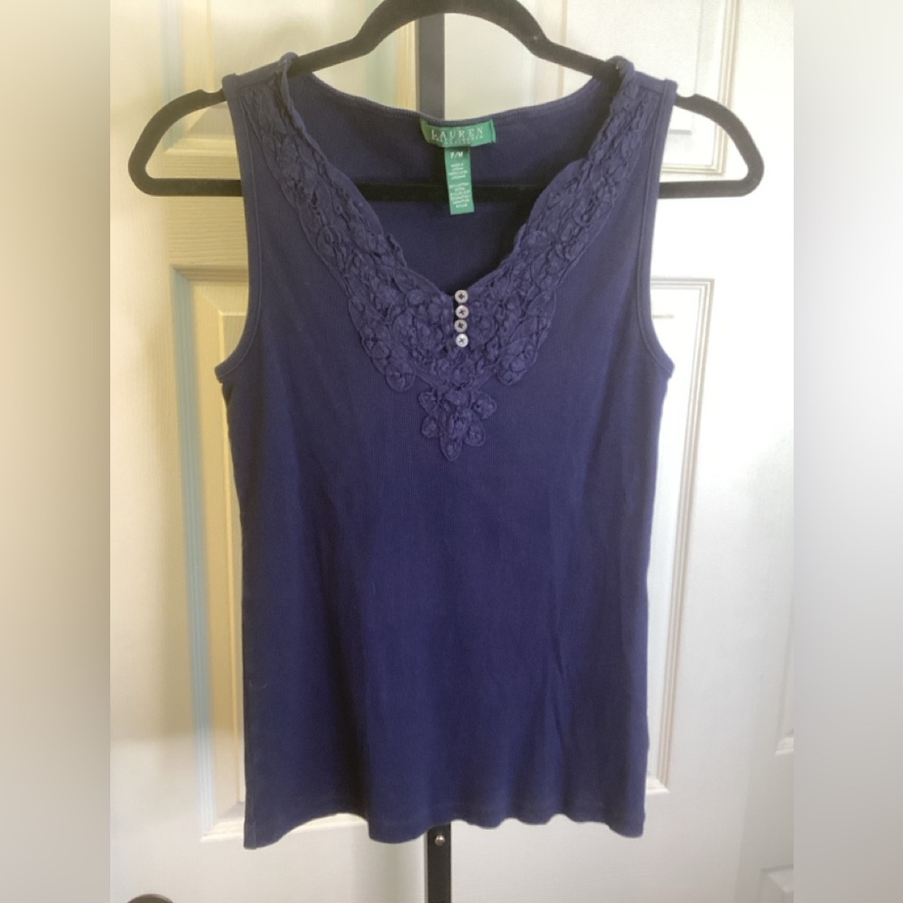 Lauren Ralph Lauren Navy Tank Top with Lace Detail, size Petite Medium